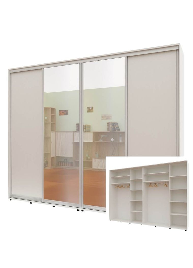 Шафа-купе чотиридверна 320*45*240 см Білий ДСП + Дзеркало + Дзеркало + ДСП Стандарт Комфорт Меблі (360472436)