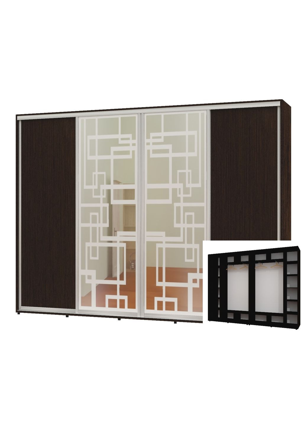 Шкаф-купе четырехдверный 300*45*240 Венге магия 2 ДСП/2 Зеркала с пескоструйным рисунком Алекса (360467222)