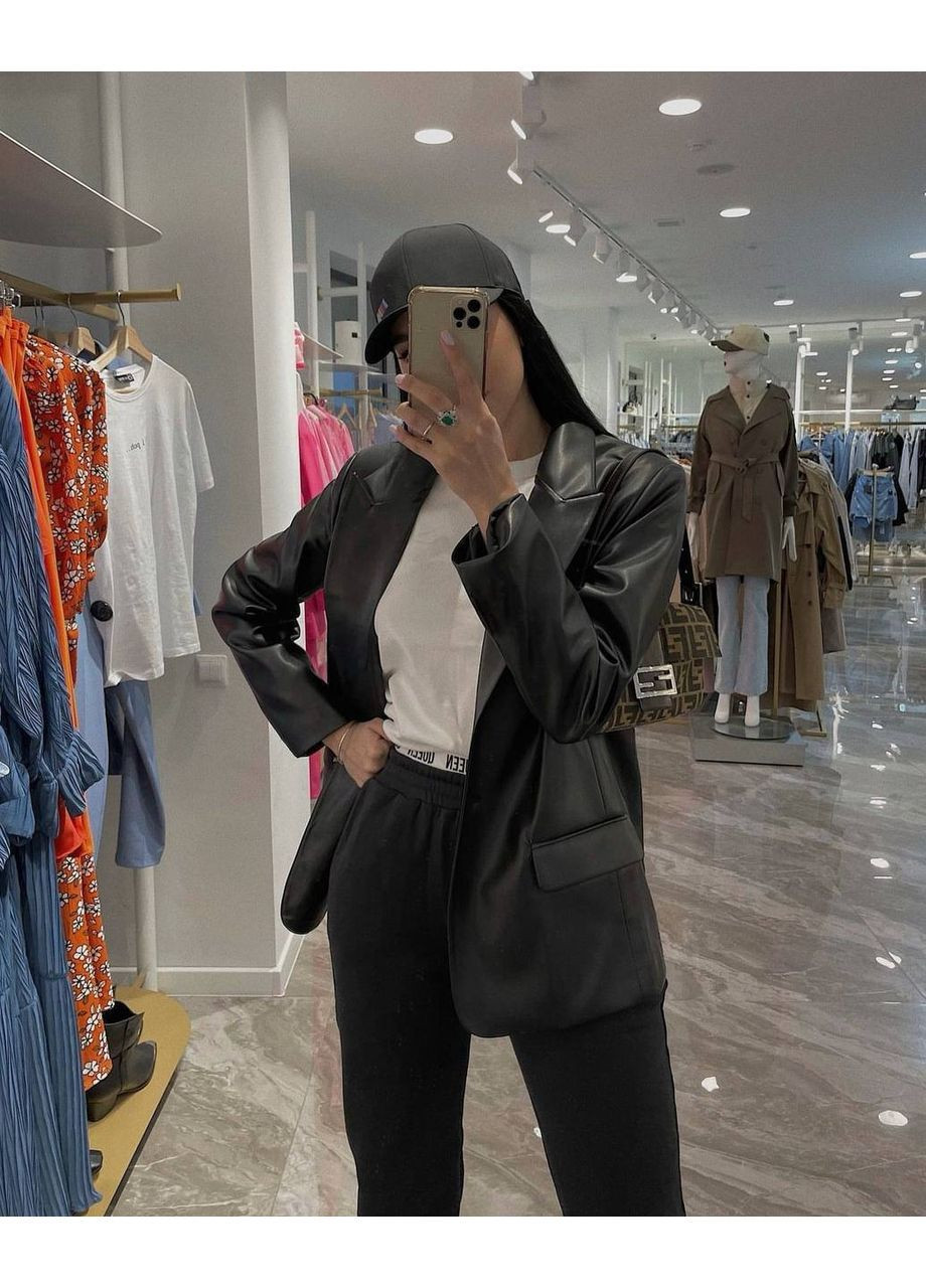 Черный женский женский кожаный пиджак FINO Mode - демисезонный