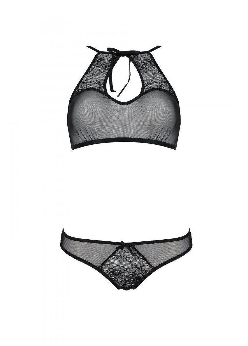 Черный демисезонный комплект ursula set black l/xl: бра, трусики с ажурным декором и открытым шагом Passion