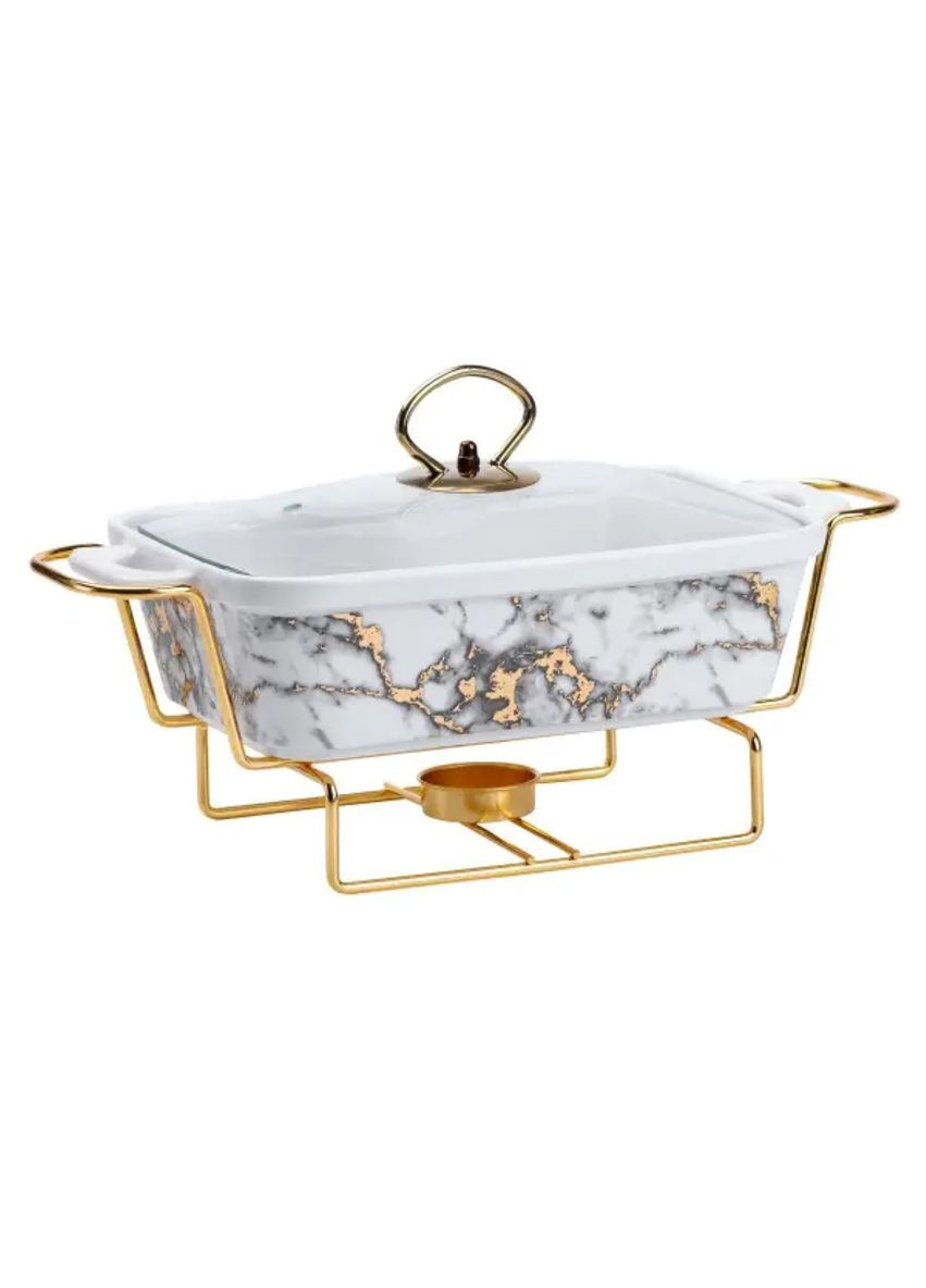 Марміт порцеляновий 1 л зі скляною кришкою та підставкою з підігрівом для подачі гарячих страв сервірувальний контейнер ProDobro (364189373)