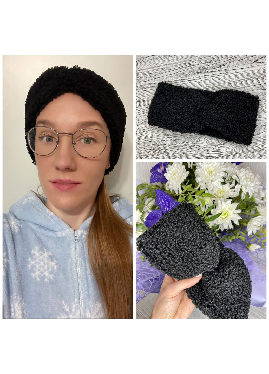 Повязка-чалма на голову теплая овечка Тедди черная No Brand (358204256)
