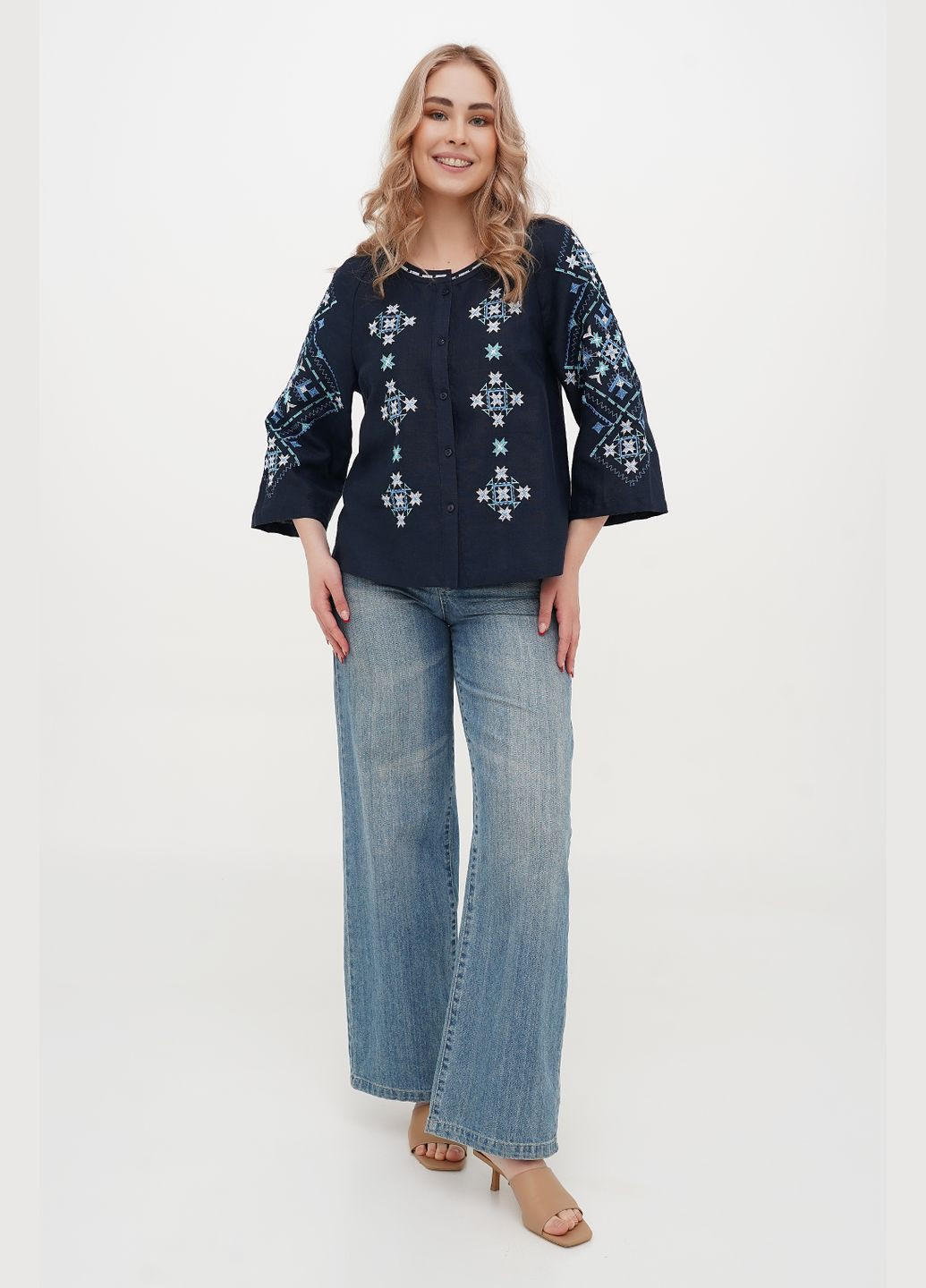 Синяя женская вышиванка из льна на пуговицах с ромбами и звездами вильха. синий, р.56, код 9451/56/999 ГАЛЕРЕЯ ЛЬОНУ
