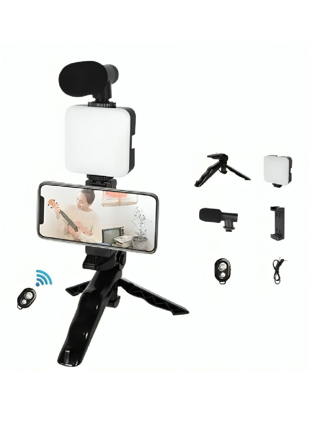 Комплект набір блогера штатив трипод трансформер для телефону селфі відео з мікрофоном спалахом Bluetooth кнопкою (482214-Prob) Unbranded (371991970)