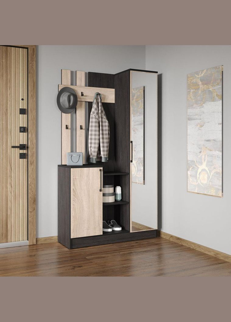 Cтильна прихожа з дзеркалом, дверцятами та крючками для одягу від KO-0004 Венге темний/Дуб Сонома MORELI (361035082)