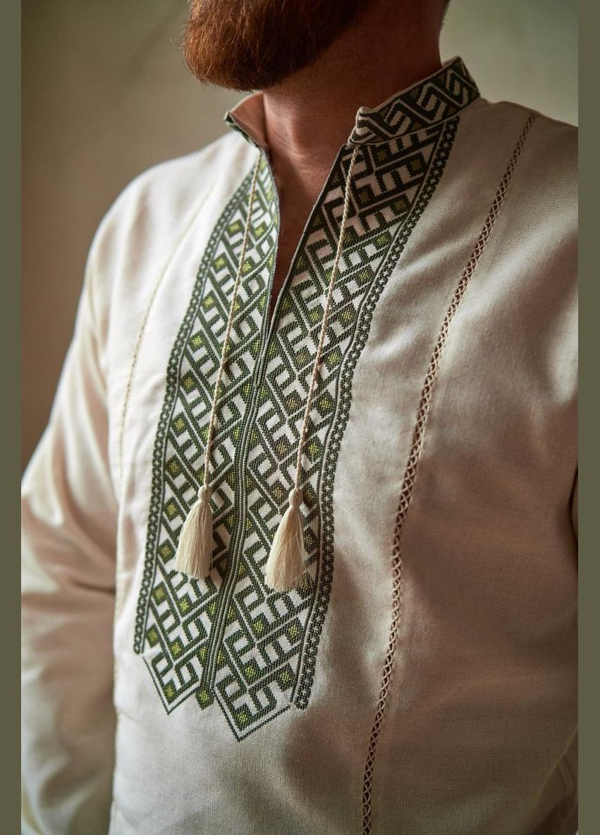 Бежевая мужская вышиванка из натуральной ткани "газда" (зеленая вышивка) Калина (315919628)