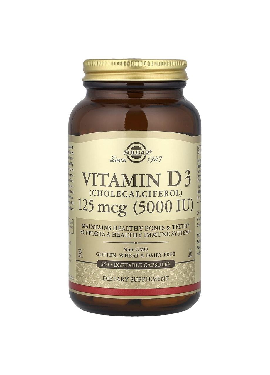 Вітамін D3 (холекальциферол), Vitamin D3,, 125 мкг (5000 МО), 240 вегетаріанських капсул Solgar (362368563)