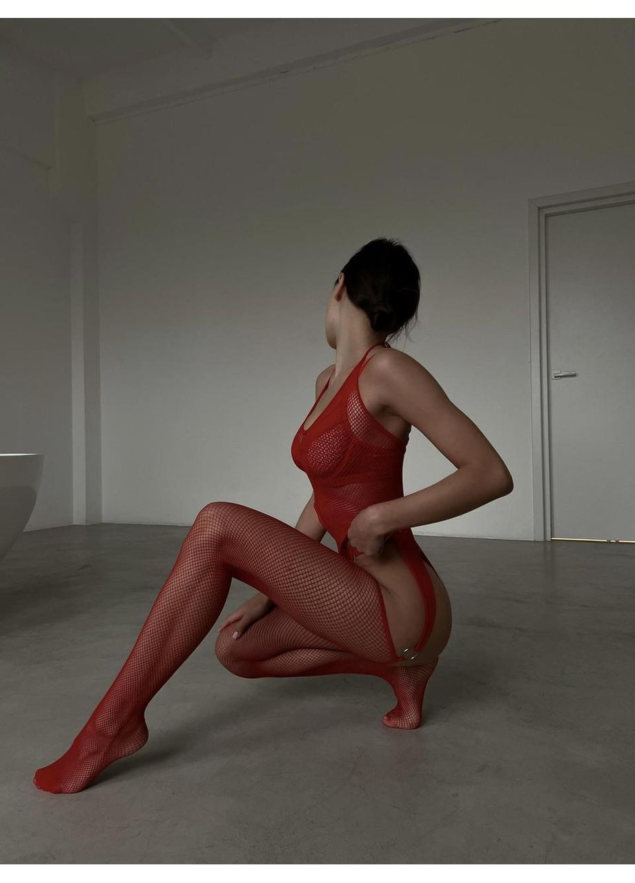 Бодистокинг в сетку с подвязками / Эротический сетчатый бодистокинг с трусиками красный / Бодистокинг женский в крупную с No Brand (368863175)