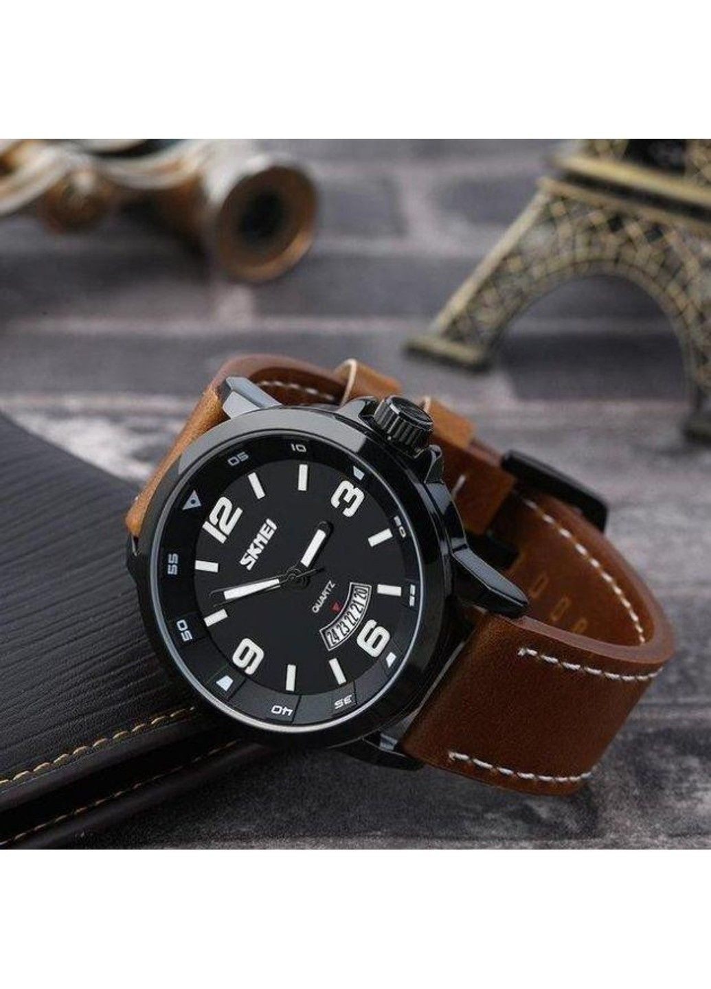 Мужские классические наручные часы 9115 Черный с коричневым Skmei (313653762)