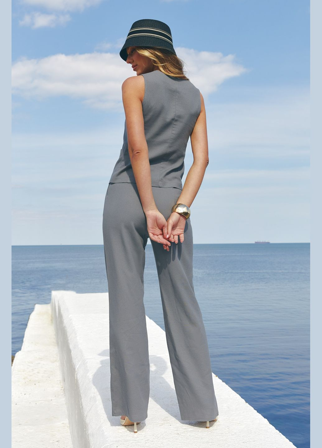 Штани жіночі з високою посадкою літні на блискавці з кишенями та резинкою на поясі вільного крою льон котон ST-Seventeen (333602574)