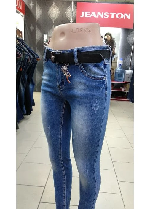 Джинси жіночі середня посадка скіні стрейч вузькі блакитні No Brand - (363053860)