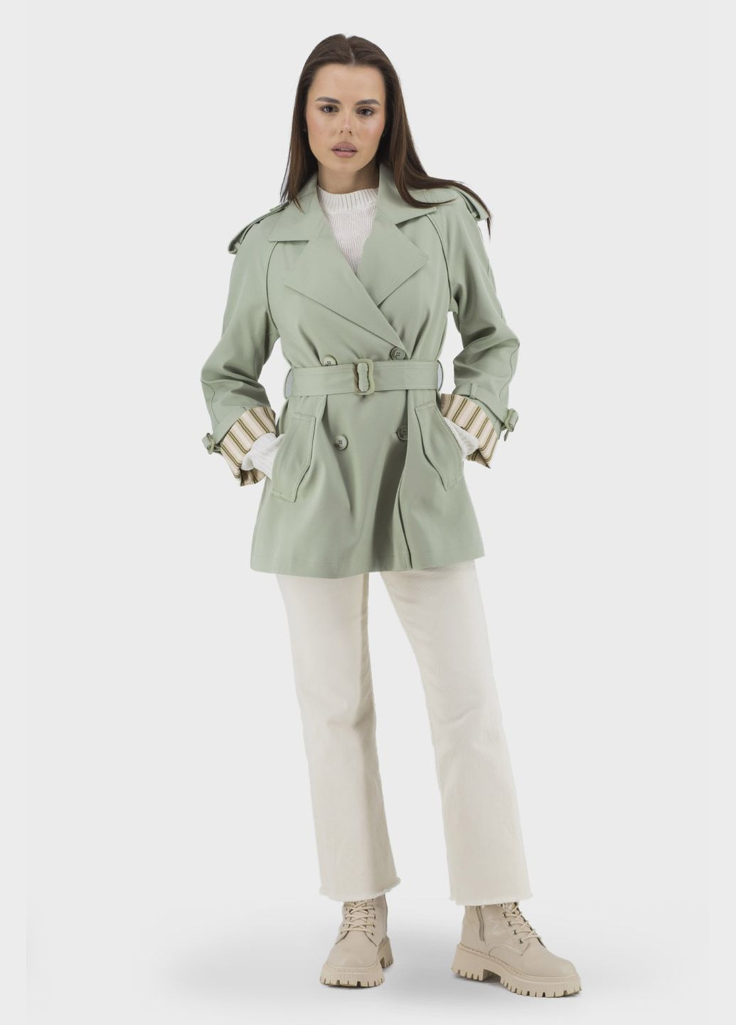 Жіночий класичний тренч з поліестеру, м'ята/молочний, весна-осінь Evona (м'ята, ), 44858 на гудзиках демісезон (331885577)