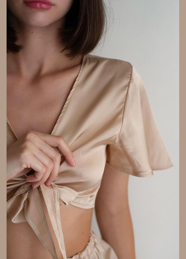 Бежева всесезон бежева піжама з шовку з топом і шортами kari shop atelier (182pj-18ss-bg) Ova Ova Brand