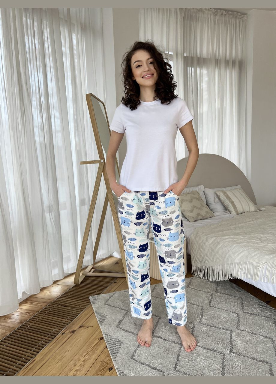 Біла всесезон жіноча піжама для дому футболка + шорти + штани біла (вк4300в-4-02) Cosy