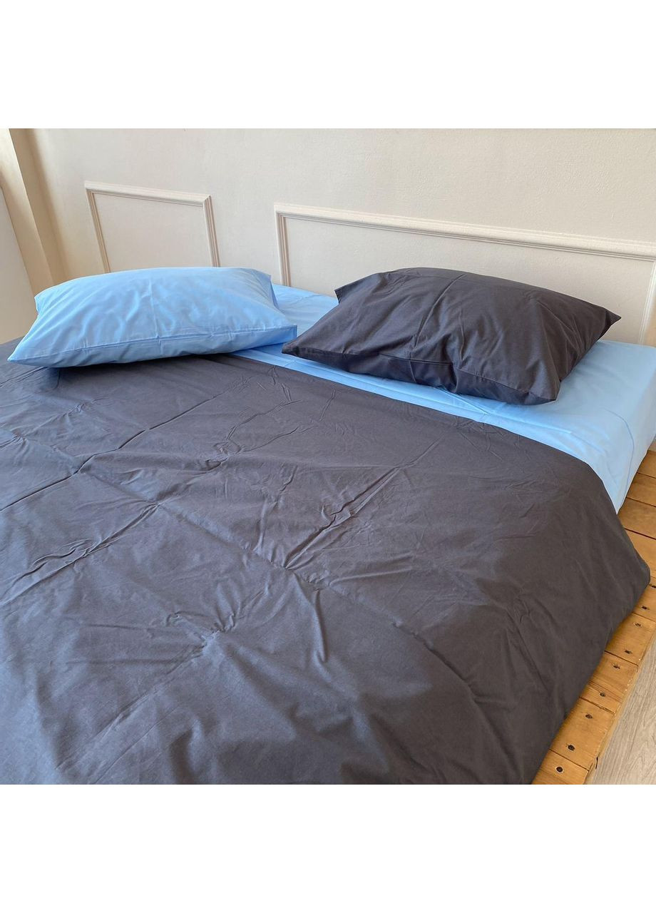 Постільна білизна з резинкою Голубий + графіт, ранфорс Двухспальний розмір, наволочки 50/70 No Brand (363191152)