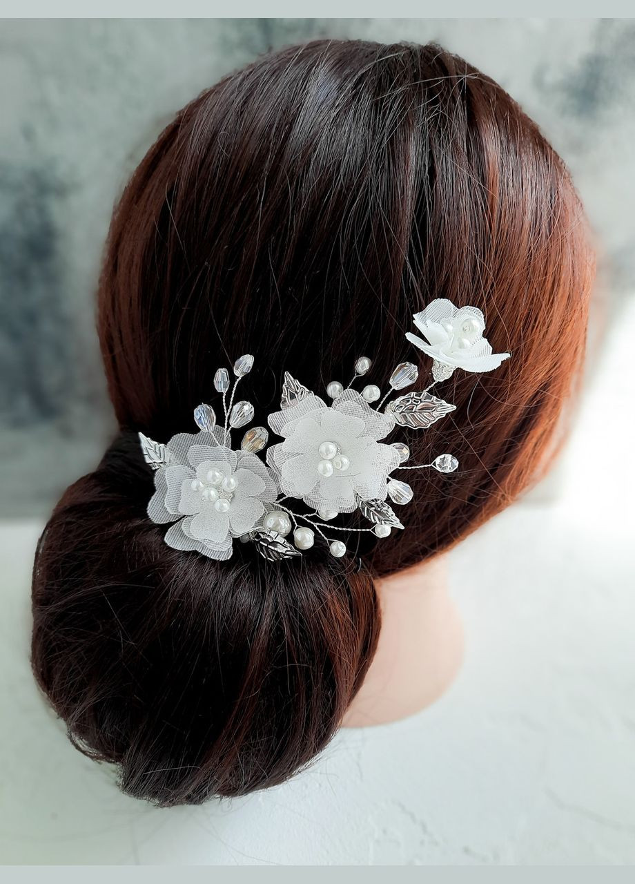 Весільна шпилька в зачіску із шифоновими білими квітами No Brand (342389836)