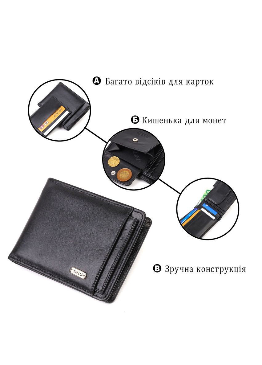 Практичный компактный кошелек с вкладышем для удостоверения для мужчин из натуральной гладкой кожи 21876 Черный Canpellini (331908211)