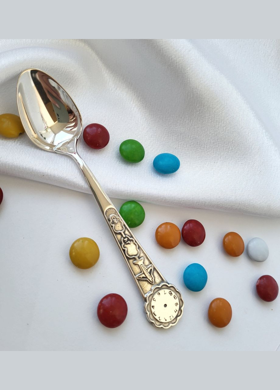 Серебряная чайная Ложка Часы с Самолётом серебро 875 пробы Черненное 9054 15.00г No Brand (323653848)