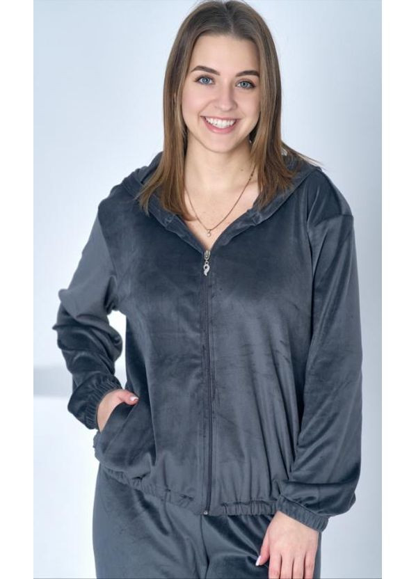 Темно-серая всесезон теплый женский костюм из велюра на молнии, турция кофта + брюки Asel