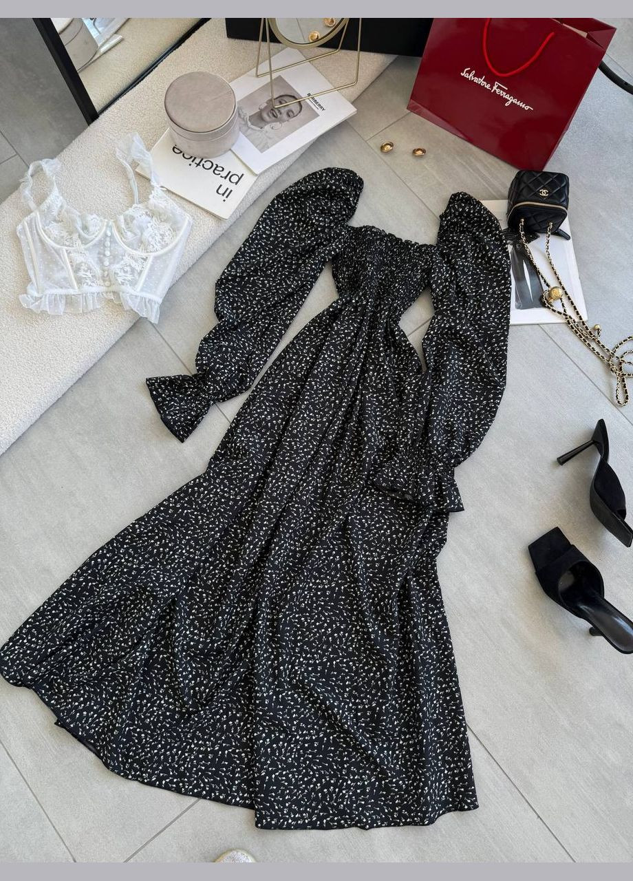 Чорна повсякденний жіноча легка сукня міді з рукавом кльош Style Point з квітковим принтом