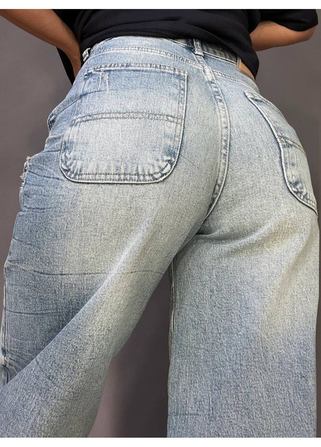 Джинси жіночі 52428 Skater Jeans банани висока посадка варка з жатим ефектом косі кишені блакитні I8 - (316462410)