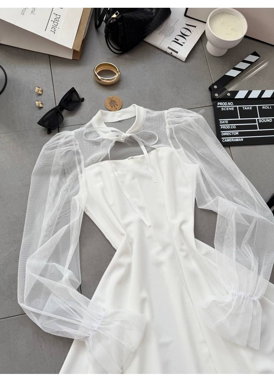 Молочна коктейльна сукня з креп-дайвінгу та сітки • вишукана й ніжна • заміри в описі DK/DL Мода без кордонів однотонна