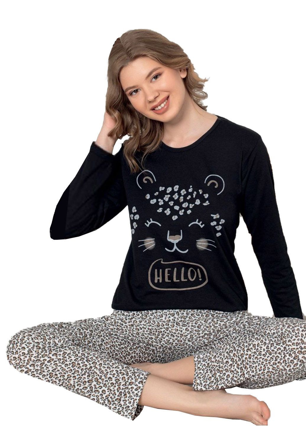 Черная пижама женская хлопок лонгслив + брюки Ruyam