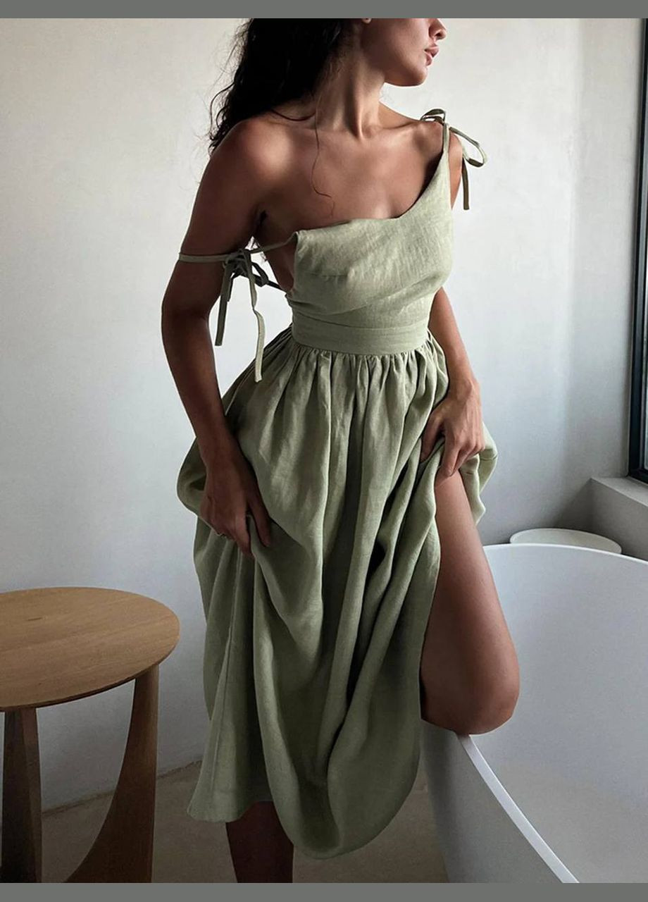 Оливкова легка літня лляна оливкова сукня без рукава і з відкритим декольте, приємна до тіла повсякденна сукня в одному розмірі No Brand однотонна