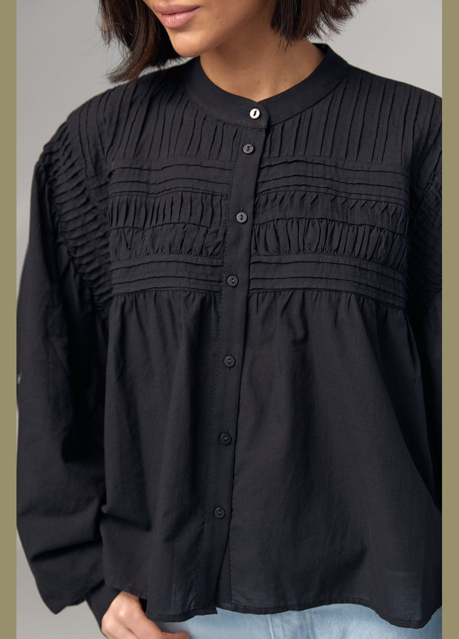Черная демисезонная хлопковая блузка на пуговицах расширенного фасона - черный Lurex