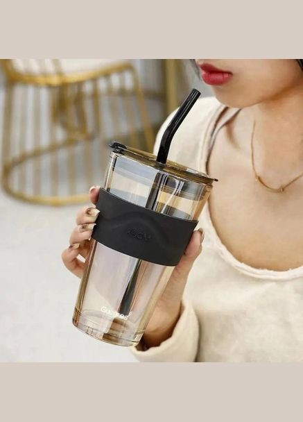 Скляна склянка з кришкою і трубочкою для смузі, коктейлів, айс кави - Aurora 450 мл More (299914622)