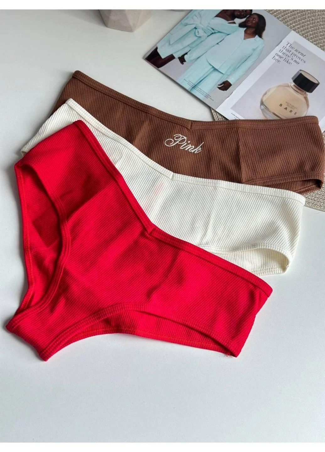 Трусики-чики из вафельной ткани красные PINK () Оригинал L Victoria's Secret (340317158)