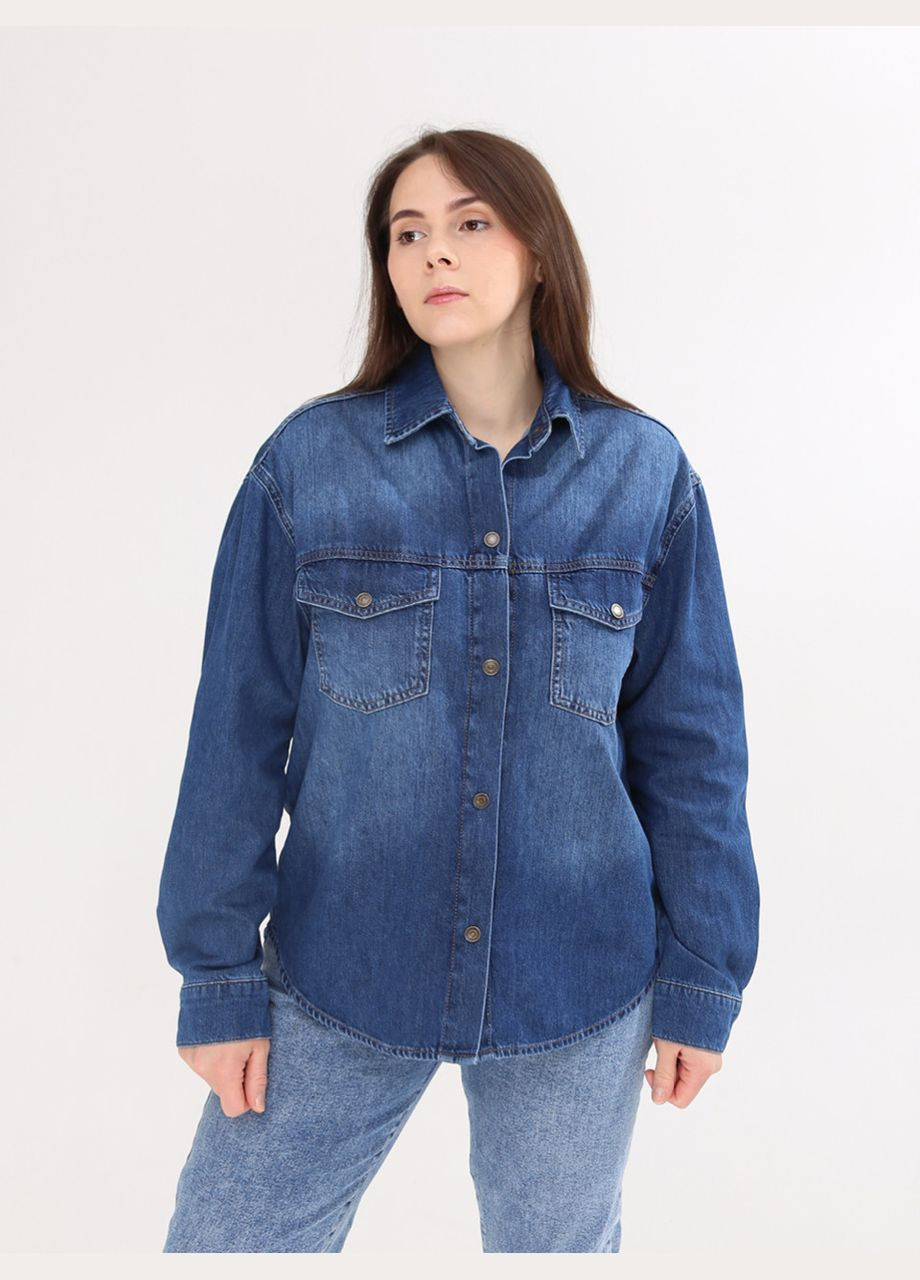 Синяя повседневный рубашка однотонная Whitney с длинным рукавом