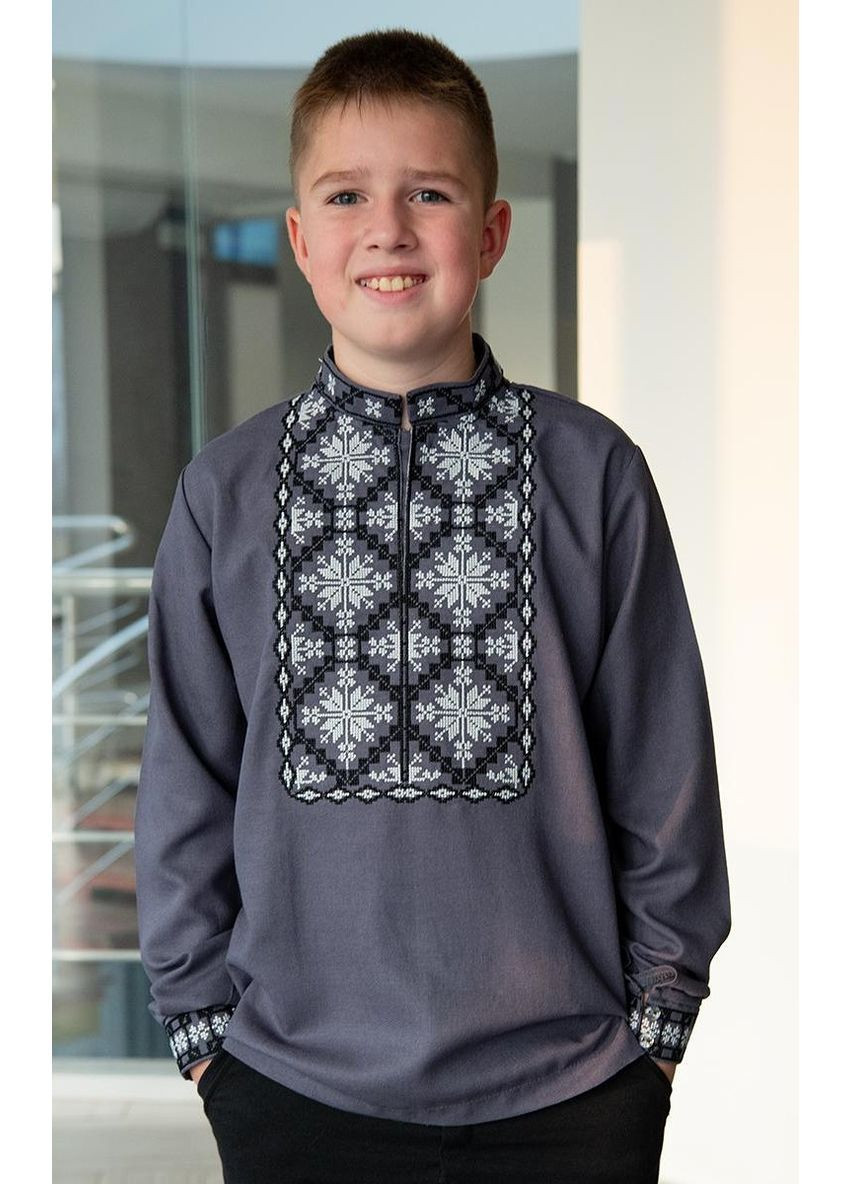 Серая вышиванка детская стильная на мальчика льняная с длинным рукавом V&V узор орнамент лен (371656703)