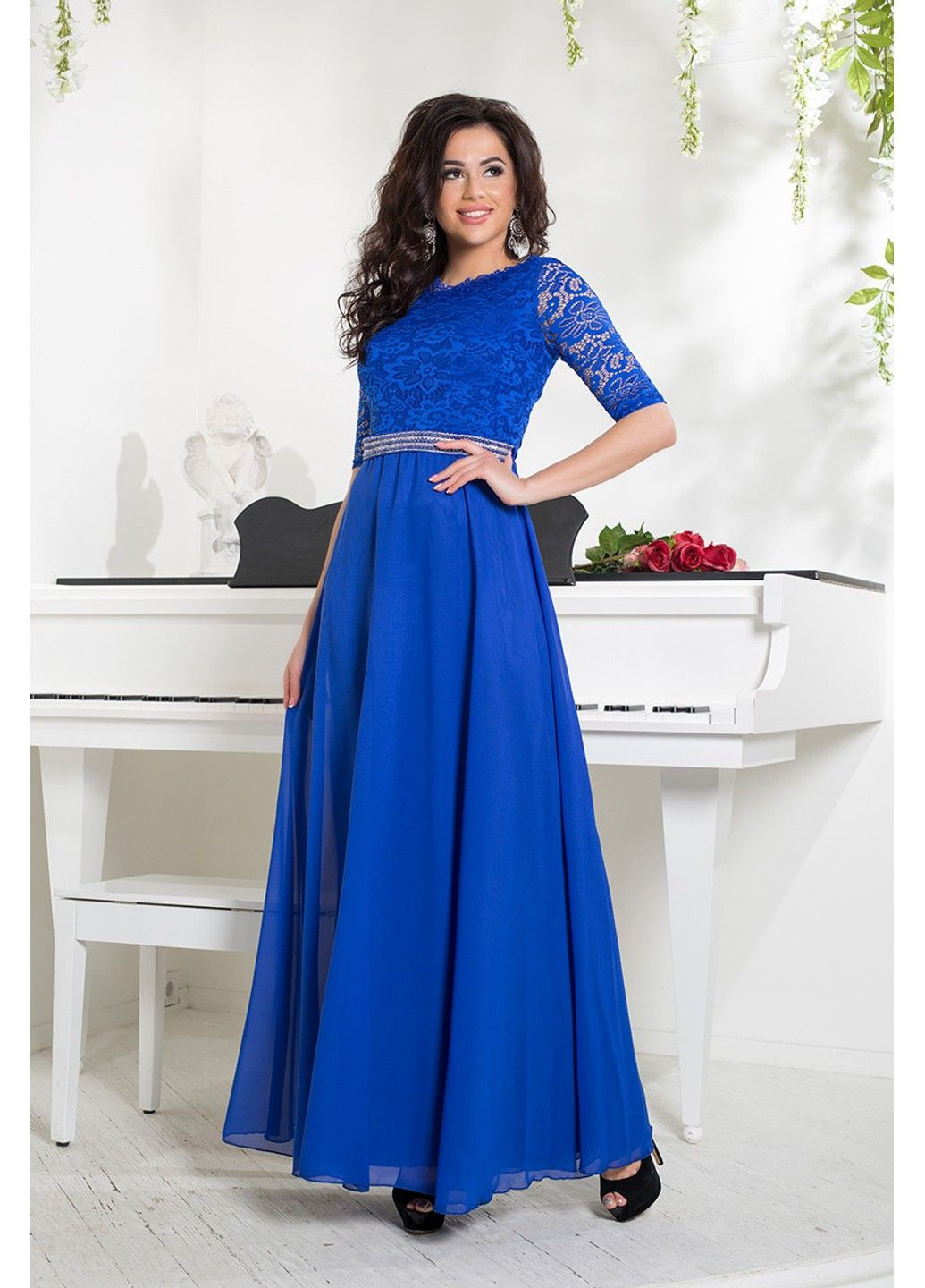Синее вечернее платье гипюр шифон 6011 электрик Tanita-Romario