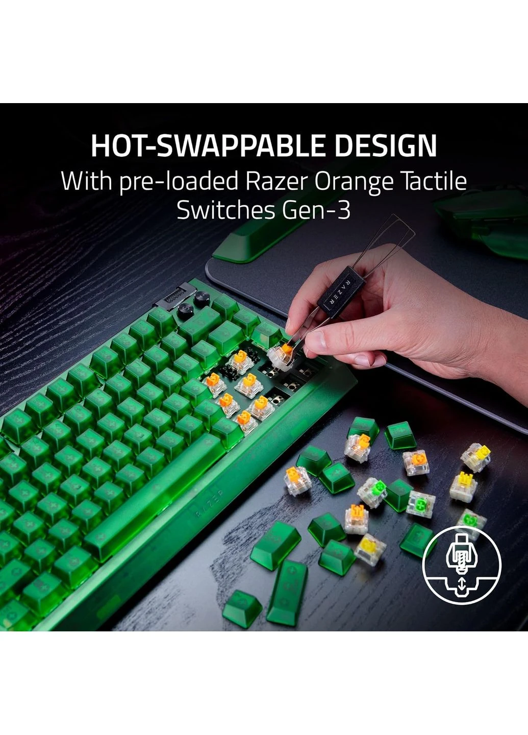 Клавіатура механічна BlackWidow V4 75%, 83key, Mechanical Tactile Switch GEN-3, USB-A, EN, RGB, Phantom Green Ed. Razer (397972948)