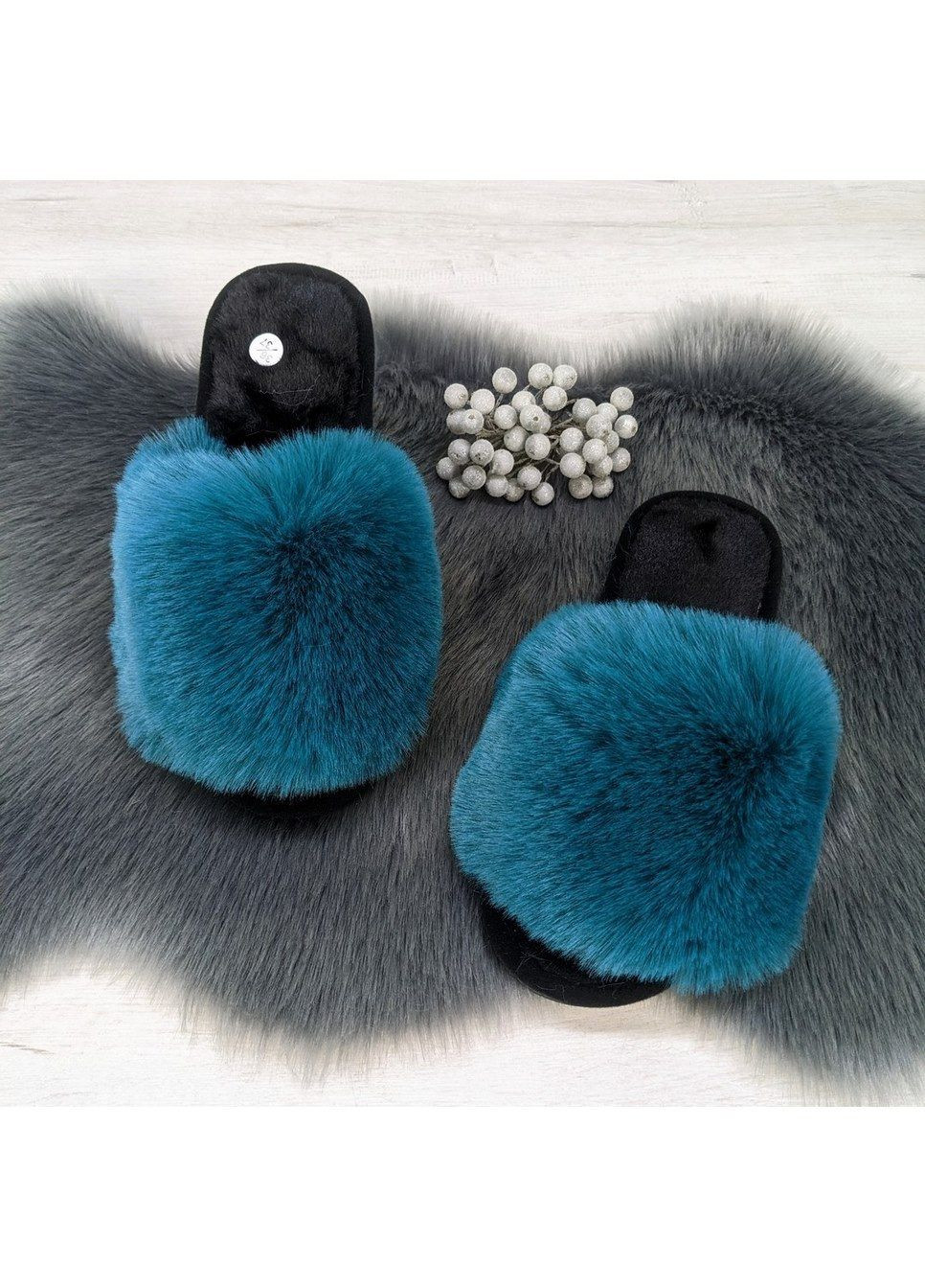 Бирюзовые тапочки женские меховые Lion