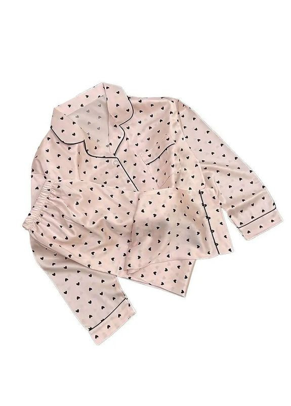 Светло-розовая всесезон женская комфортная пижама в милые сердечка "love morning", атласная брючная пижама для дома рубашка + брюки No Brand піжама в милі сердечка "Love morning" біло-рожевий