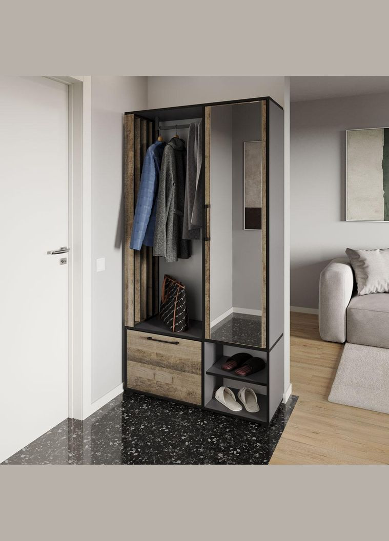 Современная прихожа с зеркалом, дверцей и штангой для одежды от KO-0003 Антрацит/Гранж Песочный MORELI (361035015)