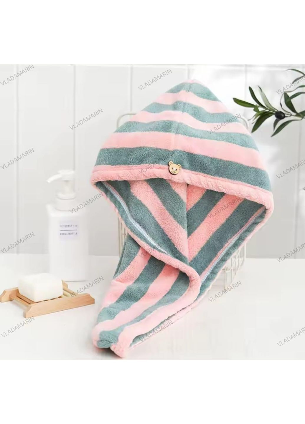 Женское полотенце-тюрбан с пуговицей для сушки головы и волос No Brand (365963670)