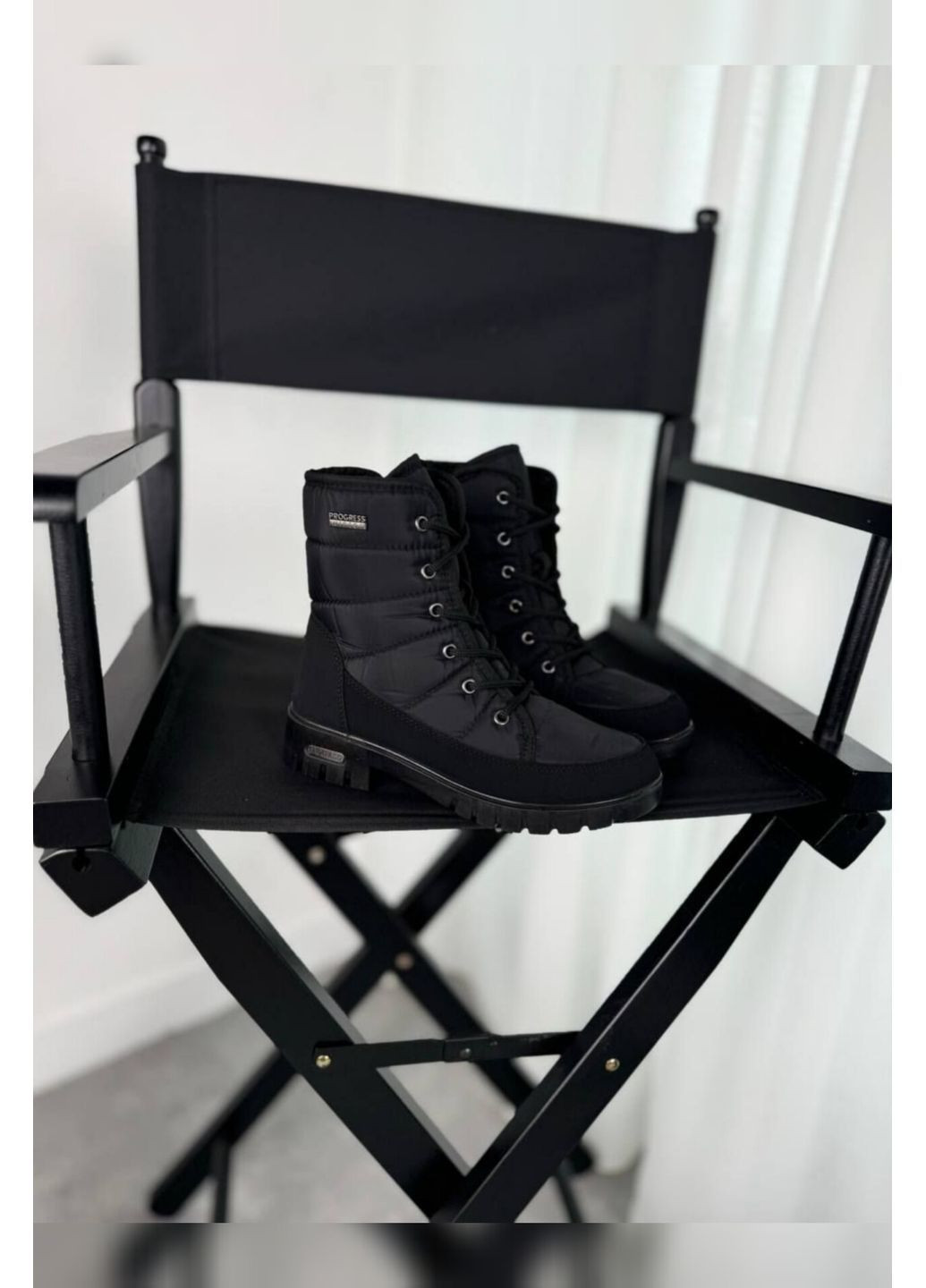 Черные женские зимние дутики чёрные с мехом и шнуровкой Progress на молнии