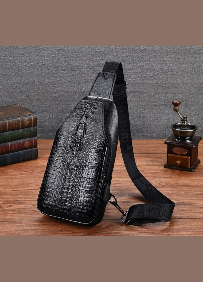 Чоловіча сумка бананка на груди Крокодил, модна нагрудна барсетка слінг екошкіра під рептилію Чорний(BRT) Brettani (336552063)