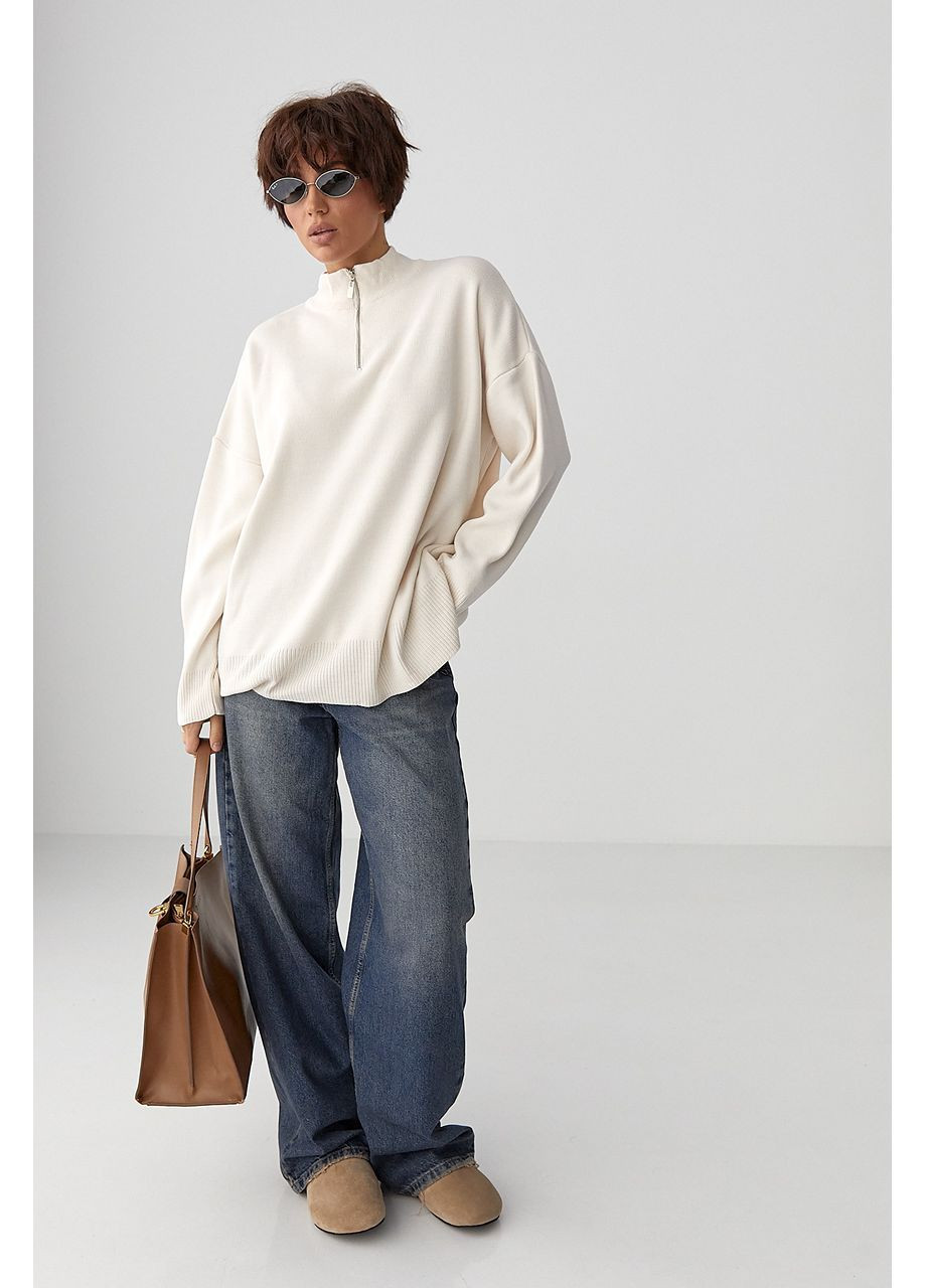 Молочний демісезонний светр оверсайз з блискавкою на горловині - коричневий колір Lurex