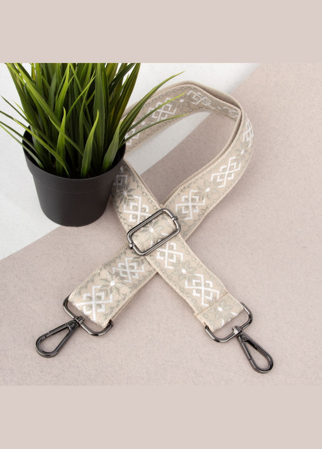 Ремень для сумки текстильный 38 мм 8111 black с карабинами бежево-серый HandyCover (333798998)