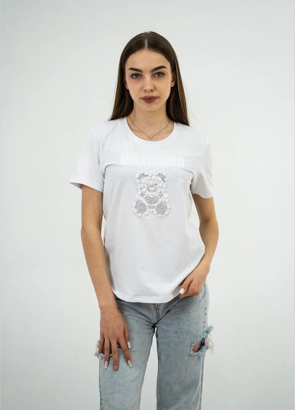 Белая летняя футболка женская летняя с рисунком с коротким рукавом Moschino