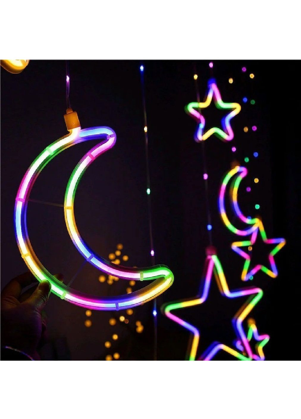 Світлодіодна гірлянда штора місяць і зірки 9 шт на вікно з живленням від мережі з'єднанням гірлянд 3 м (478681-Prob) Мультиколор Unbranded (308289988)