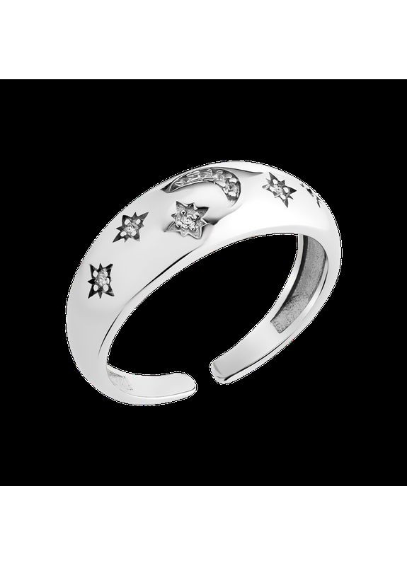 Срібна каблучка Місяць та зорі незамкнена блискуча з маленькими білими фіанітами Каштан (342334615)