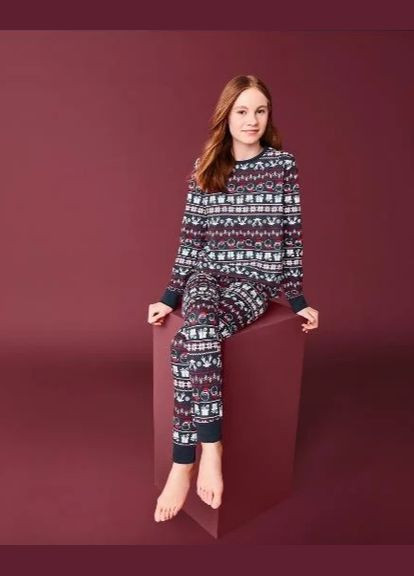 Синя всесезон новорічна піжама домашній костюм трикотаж реглан + брюки Pepperts