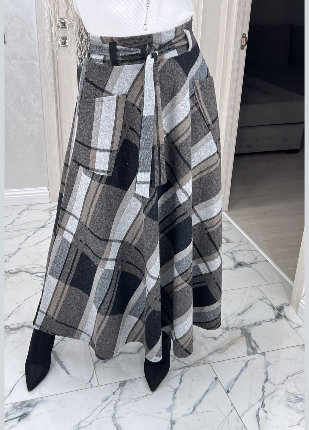 Бежевая офисная, повседневная, кэжуал в клетку женская теплая длинная юбка макси в клетку с добавлением шерсти No Brand