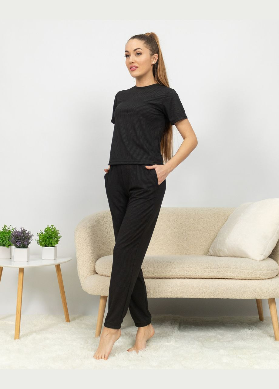 Чорна всесезон піжама жіноча з рубчику футболка і штани чорний Maybel