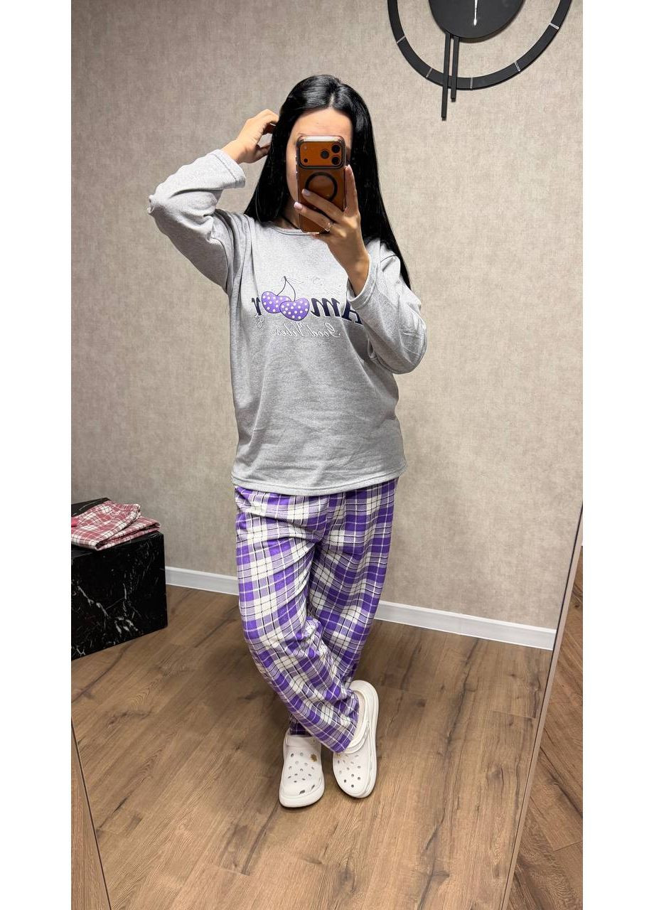 Фиолетовая зимняя женская пижама на байке кофта + брюки No Brand